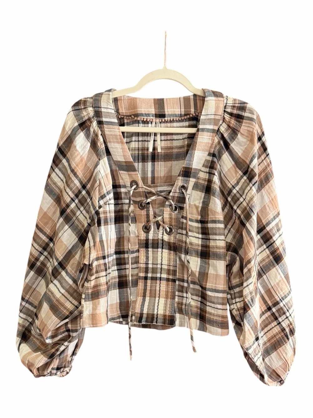 ANTHROPOLOGIE Long-Sleeve Lace-up Dolman Blouse Neutral Pattern Plaid S - Picture 4 of 12